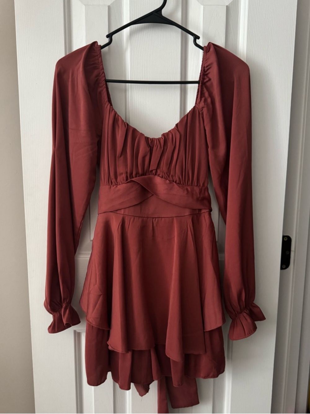 Rust Red/Rose Long Sleeve Tiered Romper